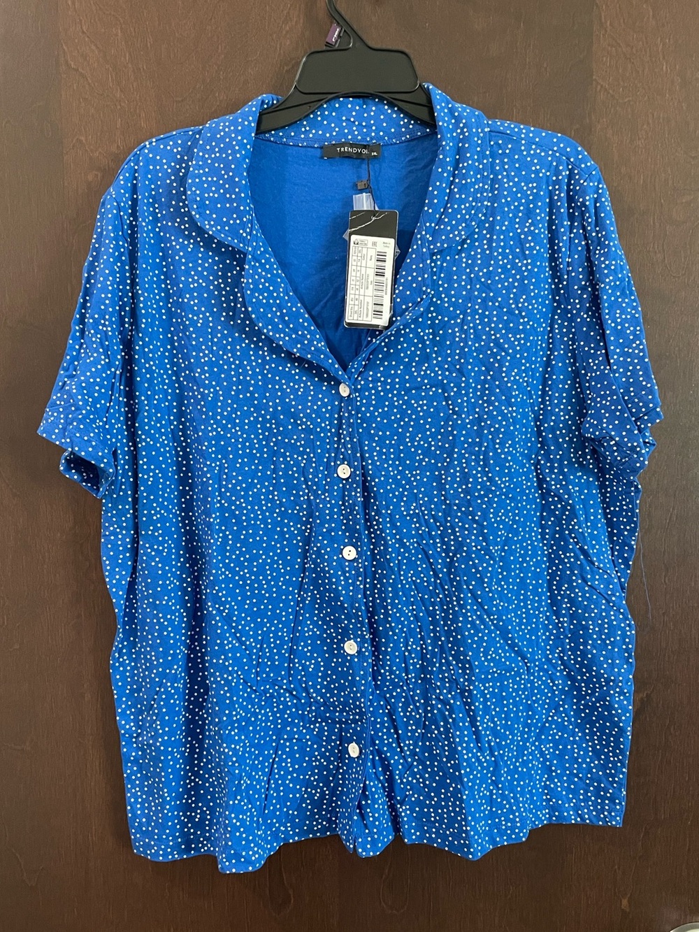 Trendyol Womens Buttonup Blouse Size 3X Plus Blue Dot Short Sleeve NWT